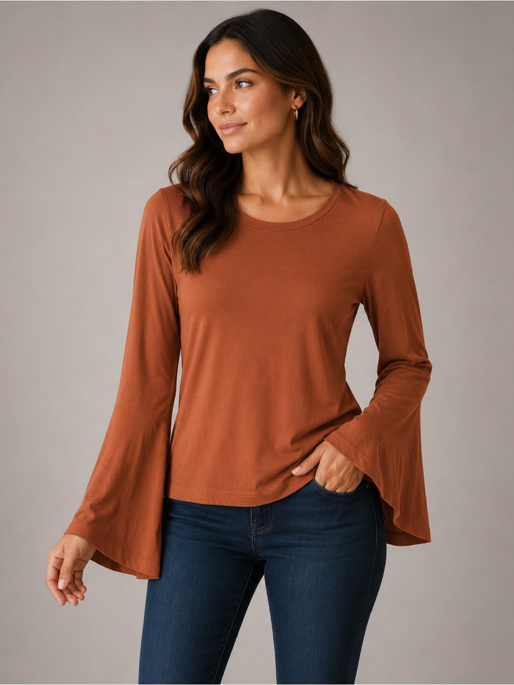 LA Made Rust Orange Bell Sleeve Top Medium 100% Cotton NWOT
